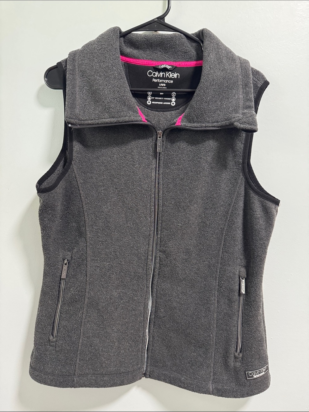 Calvin Klein Charcoal Gray Fleece Vest with Pink Trim